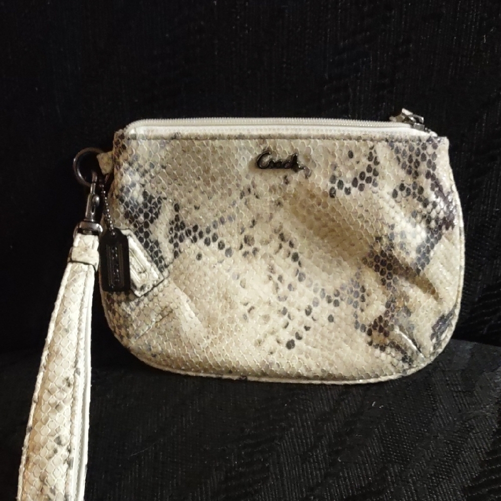 Coach Kristen Cream and Black Embossed Python Snakeskin Wristlet